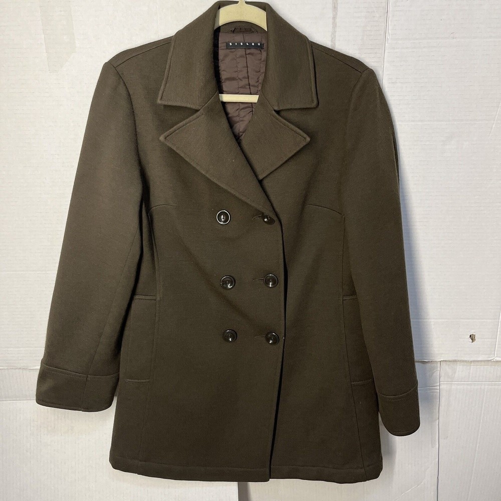 SISLEY WOMENS COAT SZ MEDIUM BROWN DOUBLE BREASTED LINED NOTCH LAPEL WOOL BLEND